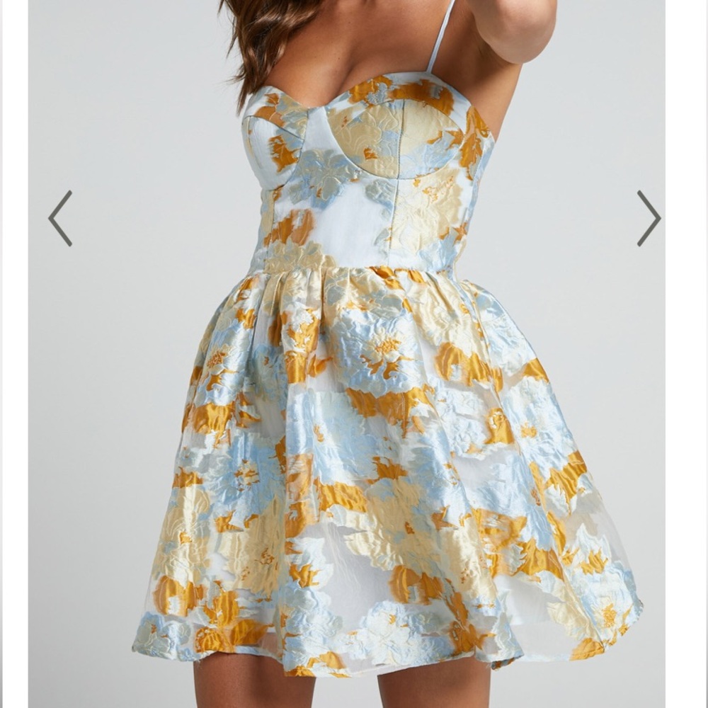 SHOWPO DRESS - BRAILEY MINI DRESS - SWEETHEART BUSTIER DRESS IN BLUE JACQUARD